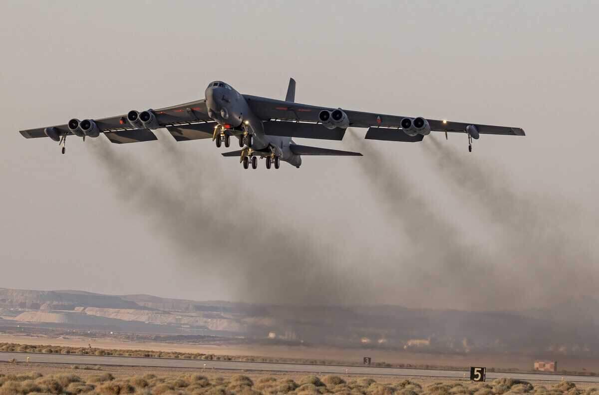 A modified B-52H Stratofortress departs Edwards Air Force Base for a training mission in June 2025. Eight people were killed when a similar Stratofortress crashed shortly after takeoff from Edwards on Monday, June 15, 2026.