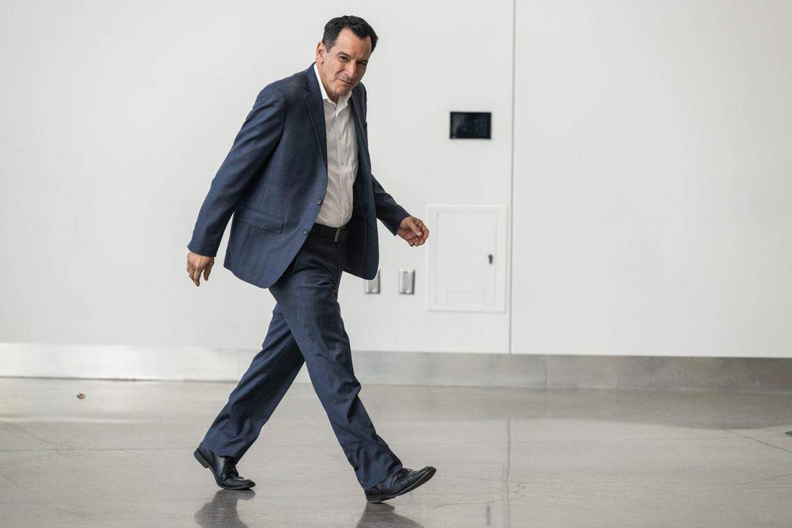 Assembly Speaker Anthony Rendon, D-Lakewood, makes his way to a Democratic caucus meeting on Thursday, Nov. 10, 2022, at the SAFE Convention Center in Sacramento.