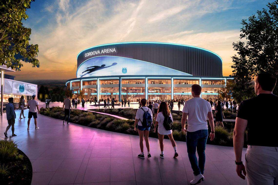 Rendering shows the proposed Cordova Arena on Kilgore Road and Trade Center Drive in Rancho Cordova. The arena is planned as the home for two new professional indoor soccer teams set to debut in 2027, following a unanimous vote Tuesday night by the Rancho Cordova City Council to approve the project.