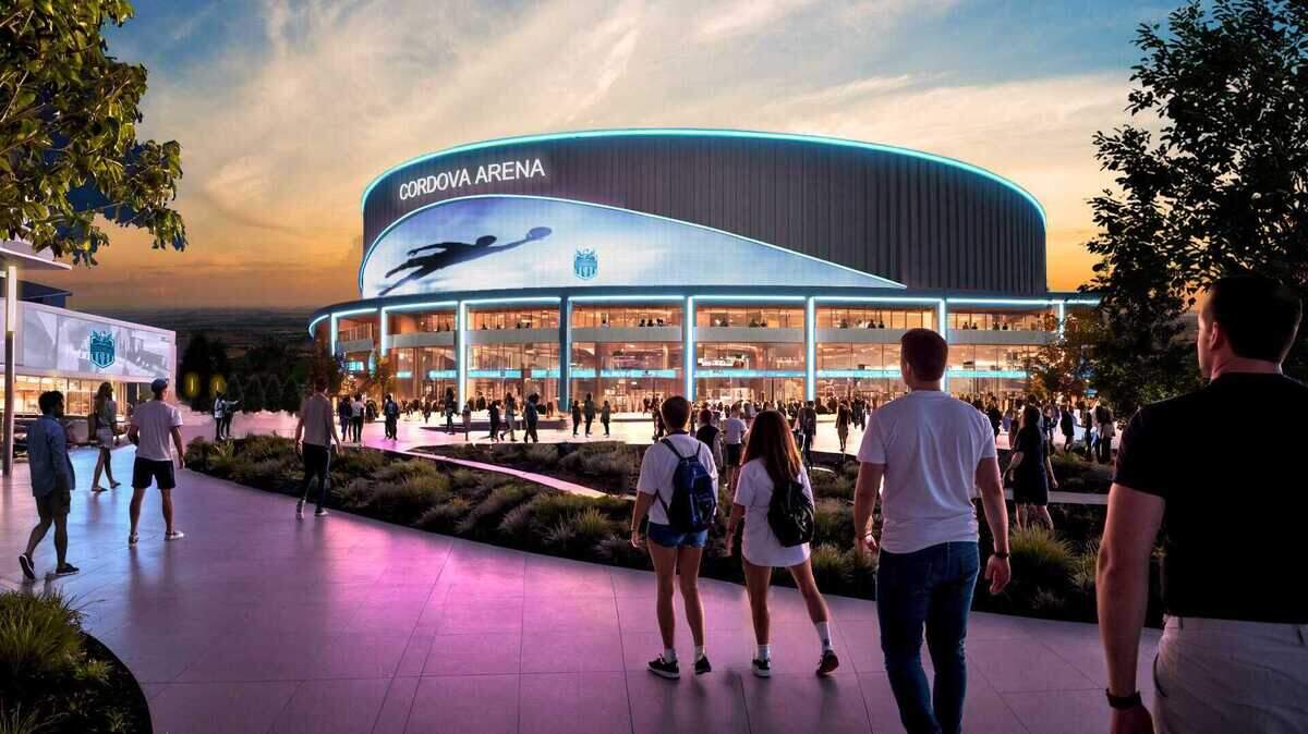 Rendering shows the proposed Cordova Arena on Kilgore Road and Trade Center Drive in Rancho Cordova. The arena is planned as the home for two new professional indoor soccer teams set to debut in 2027.