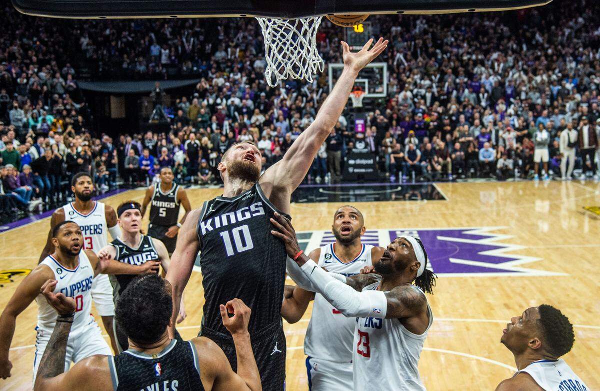 Sacramento Kings forward Domantas Sabonis (10) is fouled in the final seconds during an NBA game between the Sacramento Kings and the LA Clippers on Friday, March, 3, 2023 at Golden 1 Center in Sacramento. Sabonis scored two free throws to give the Kings the 128-127 victory.