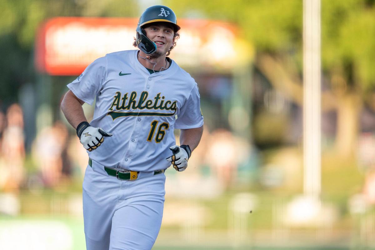 Athletics first base Nick Kurtz (16) rounds the bases after hitting a two-run home run during a baseball game against the Cleveland Guardians at Sutter Health Park on Friday.