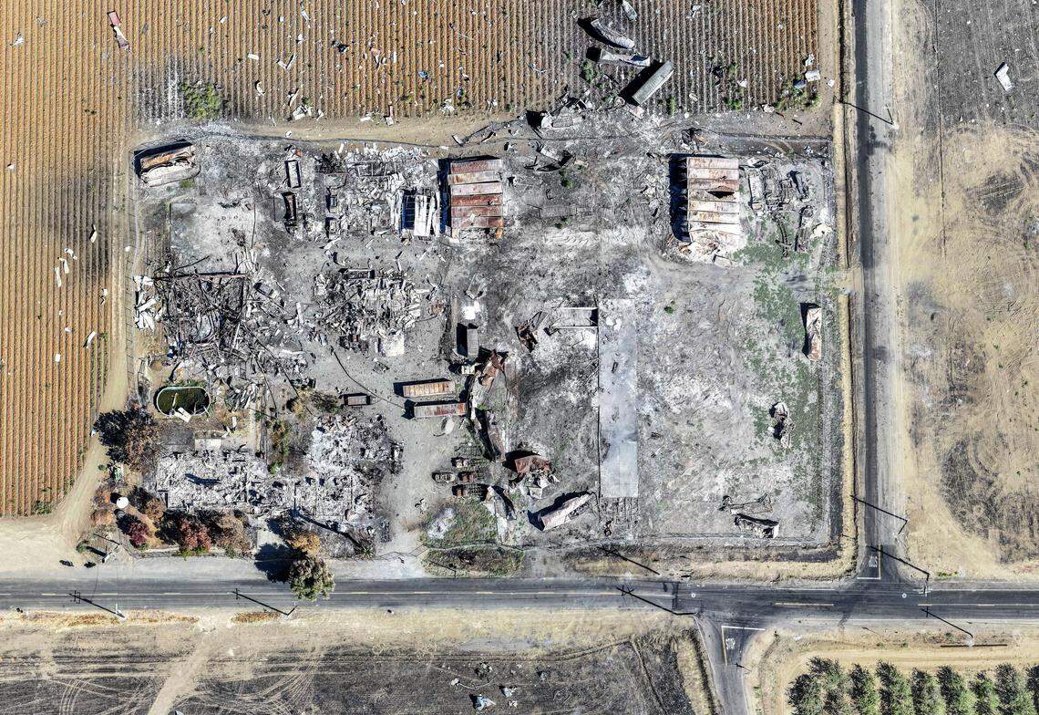A composite image of drone photographs taken on Sept. 11, 2025, shows the remains of the Esparto fireworks explosion site a few months after the blast killed seven workers at the facility.