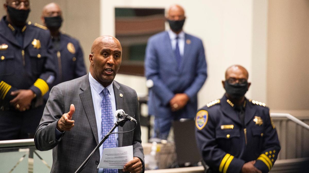 Assemblyman Jim Cooper, D-Elk Grove, introduces African American police chiefs from California cities at a press conference at the Capitol on Friday, June 19, 2020, about race and policing. The chiefs provided recommendations on changes in policies and training, and discussed calls for defunding police departments.