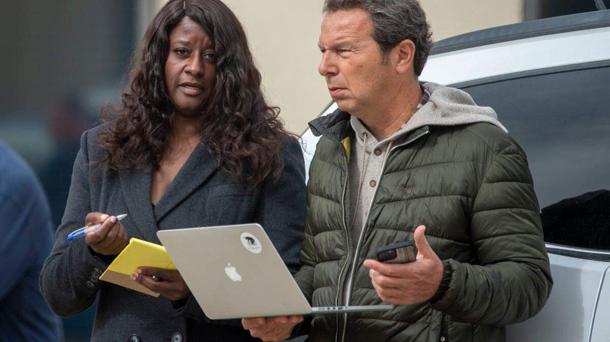 Irene Green, vice president of bargaining for SEIU Local 1000 talks with Steven Maviglio, a political consultant, outside the headquarters in Sacramento on Saturday, March 5, 2022. 