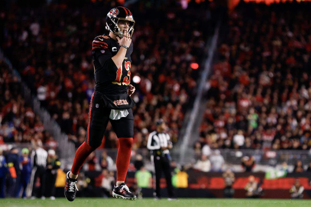 Quarterback Brock Purdy of the San Francisco 49ers looks on during the third quarter of a game against the Seattle Seahawks at Levi's Stadium on Saturday in Santa Clara.