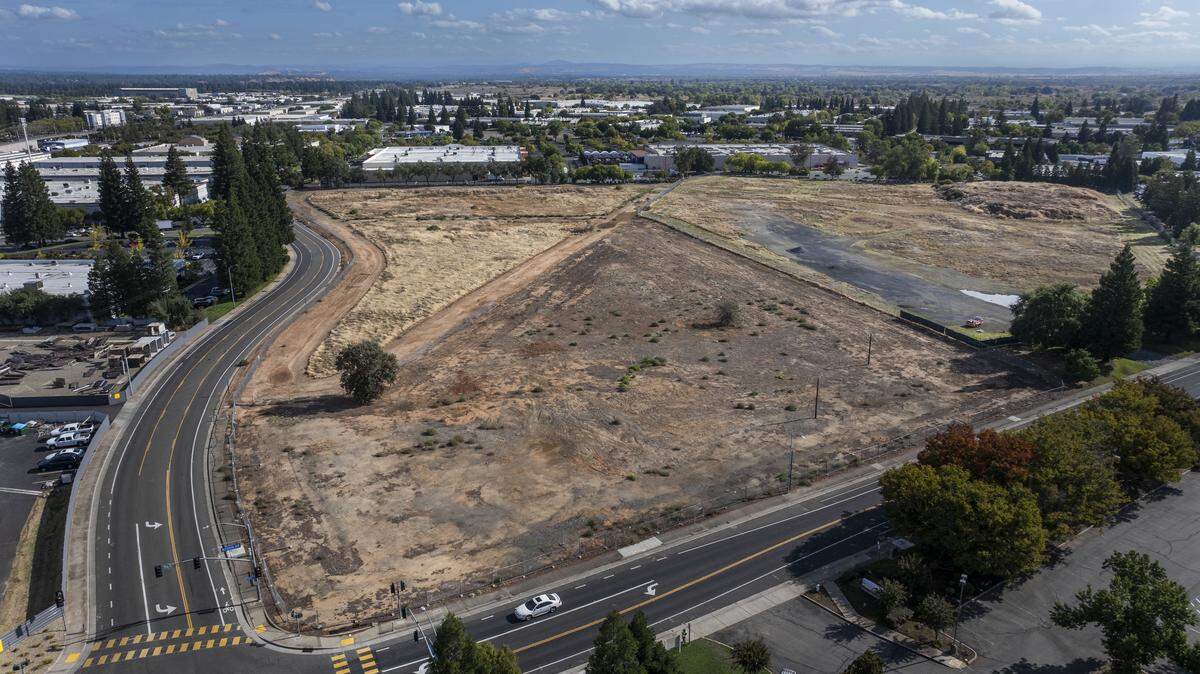 An indoor soccer arena is proposed for the corner of Kilgore Road and Trade Center Drive, in a section of Rancho Cordova, as seen by drone last month.