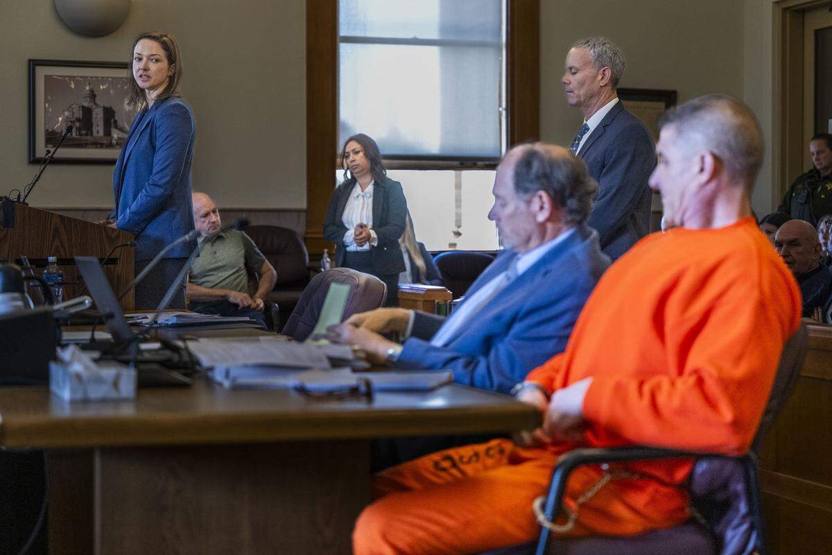 Adrienne Spohr, daughter of the victims of former MLB baseball player Daniel Serafini, looks at him as she gives her victim statement during his sentencing for murder in Placer Superior Court in Auburn on Friday.