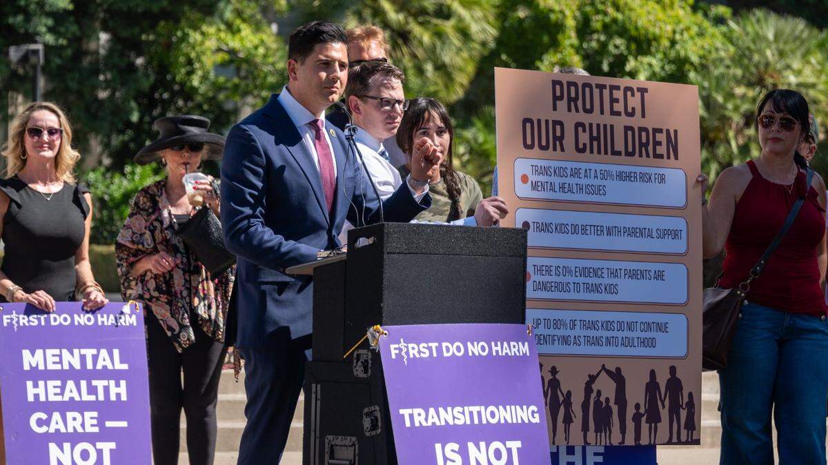 Assemblyman Bill Essayli, R-Riverside, talks Monday, Aug. 28, 2023, at the California Capitol about three initiatives proposed for the fall 2024 ballot that would restrict the rights of transgender youth. The initiatives would force schools to notify parents if their child uses a different name or pronouns, block transgender girls from competing in girls sports programs, and block transgender minors from accessing gender-affirming medical treatment.