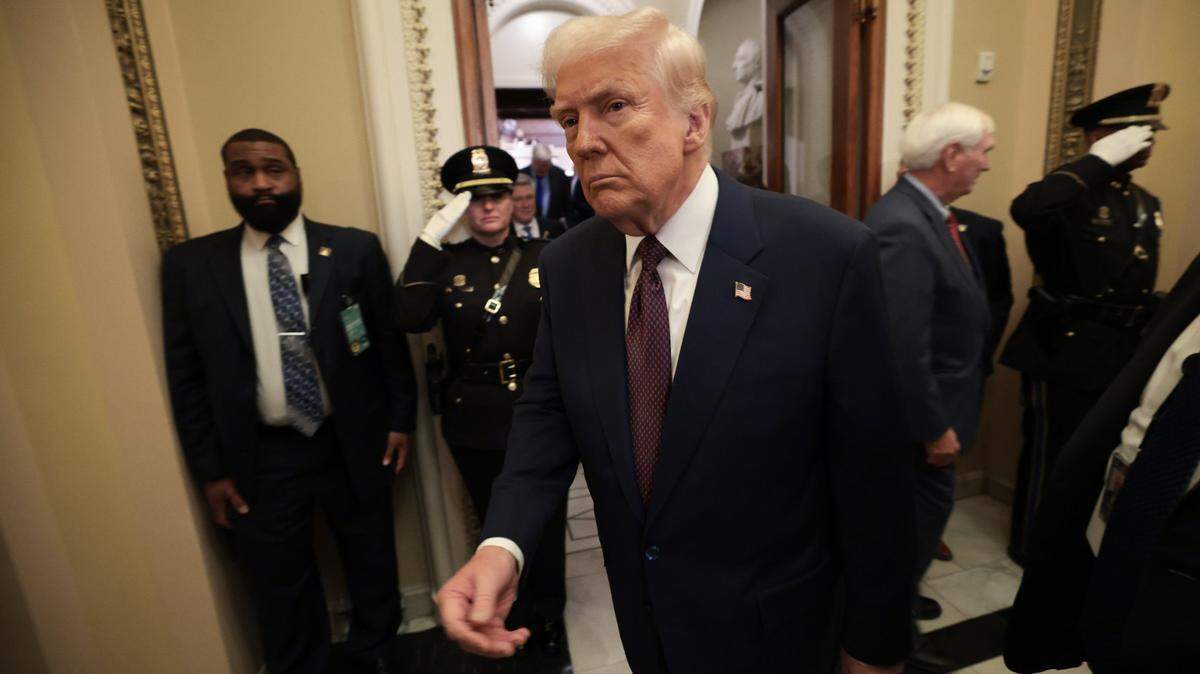 Mar 4, 2025; Washington, DC, USA; U.S. President Donald Trump leaves after addressing a joint session of Congress at the U.S. Capitol on March 04, 2025 in Washington, DC. President Trump was expected to address Congress on his early achievements of his presidency and his upcoming legislative agenda. Mandatory Credit: Win McNamee-Pool via Imagn Images