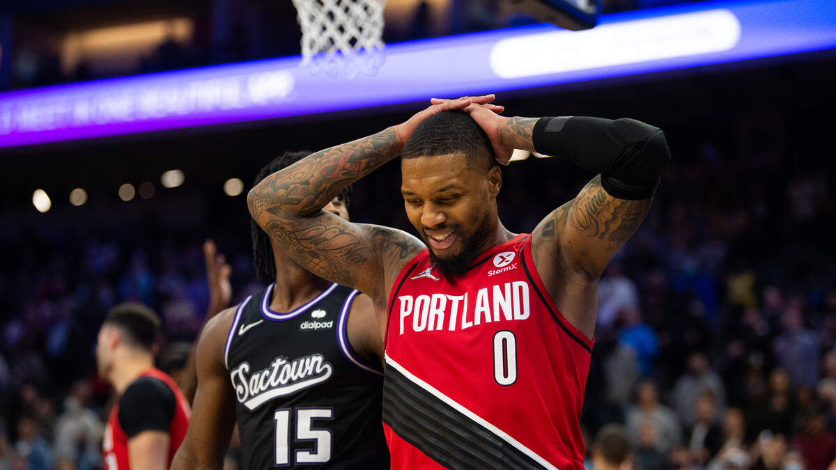 Portland Trail Blazers guard Damian Lillard (0) reacts after a missed basket last in the fourth quarter during a game at the Golden 1 Center on Wednesday, November 24, 2021, in Sacramento.