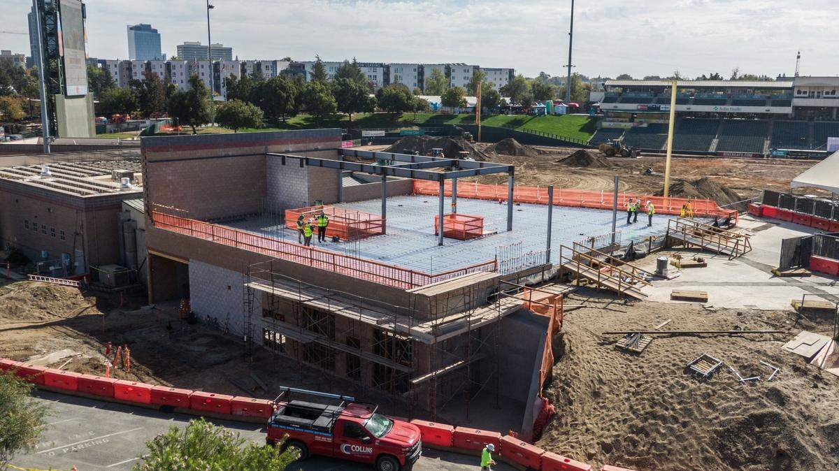 A new clubhouse, the exterior of which is now completed, rises at Sutter Health Park in October. Unlike Major League Baseball stadiums, it is located in the outfield which means players cannot discretely go from the dugout to their locker.