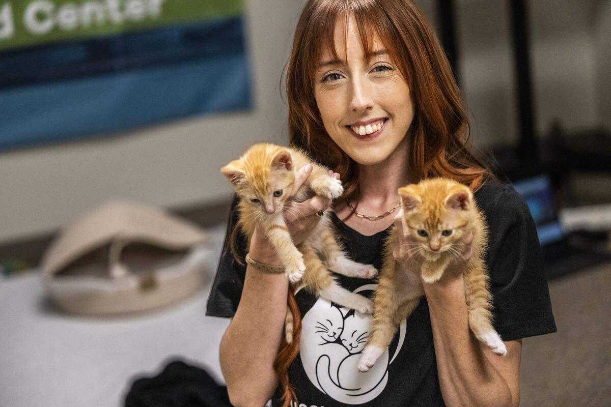 Shelby Snowden, a volunteer with Mission Meow Cat Rescue, holds a pair of kittens at Sacramento Region Community Foundation’s annual Big Day of Giving in Sacramento on Thursday.
