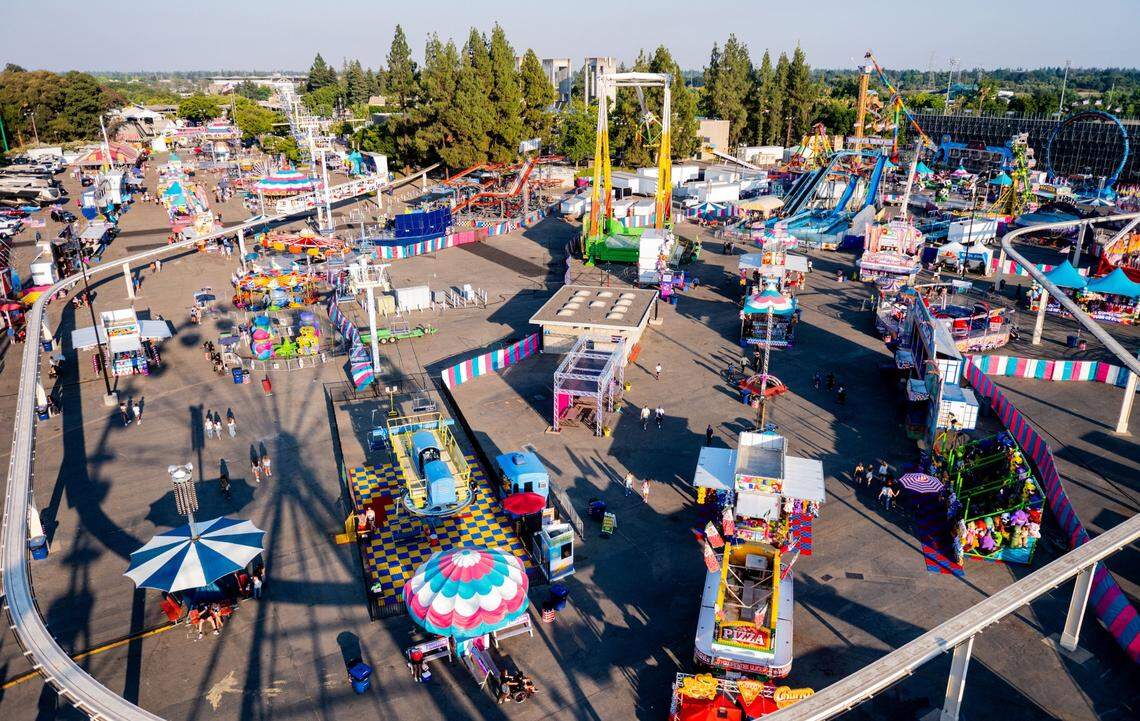 An aerial view of the rides at the Butler Amusements Midway at the California State Fair on July 11, 2025.