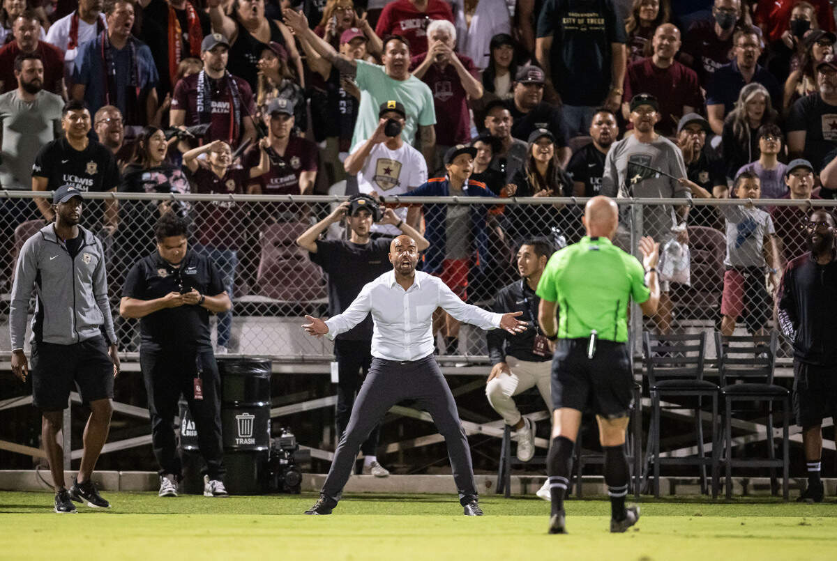 Sacramento Republic FC head coach Mark Briggs argues a call against his team as they play Sporting Kansas City during the second of two overtime periods at the U.S. Open Cup semifinal soccer game at Heart Health Park on Wednesday, July 27, 2022, in Sacramento. Sacramento ended up beating Kansas City in penalty kicks to advance to the final game.