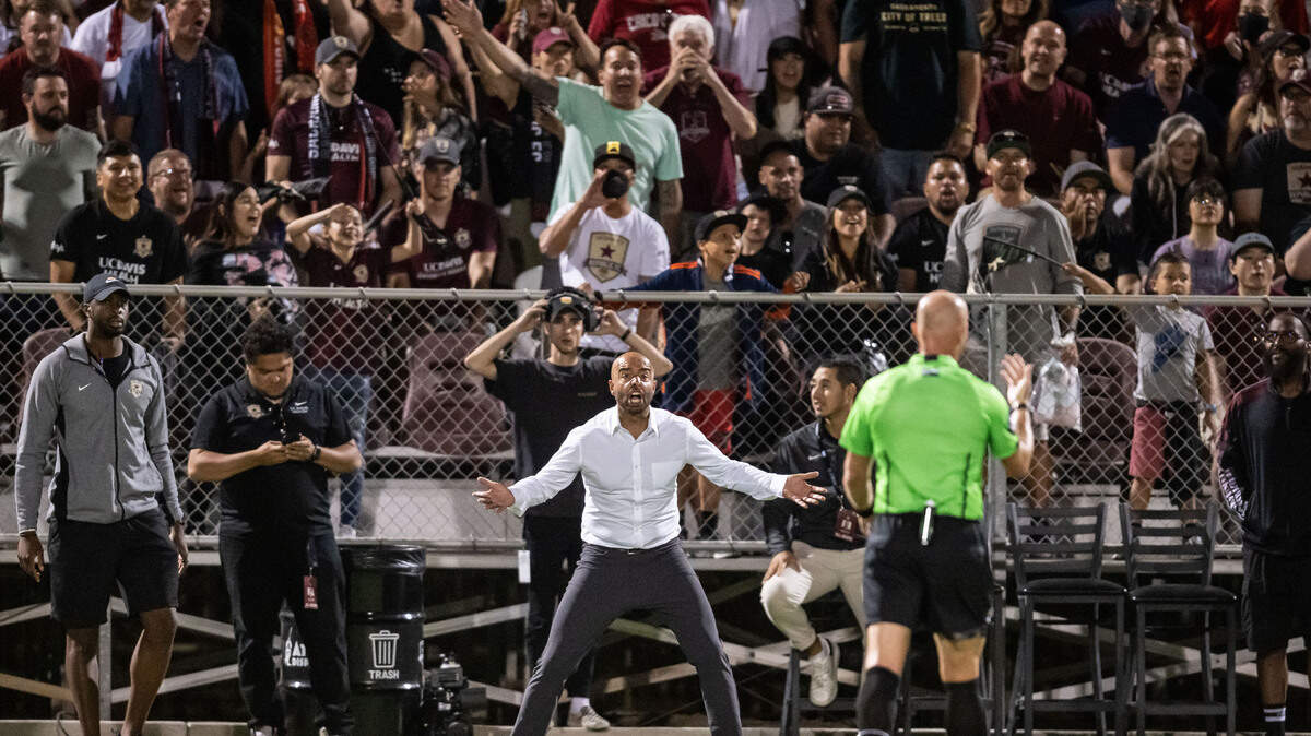 Sacramento Republic FC head coach Mark Briggs argues a call against his team as they play Sporting Kansas City during the second of two overtime periods at the U.S. Open Cup semifinal soccer game at Heart Health Park on Wednesday, July 27, 2022, in Sacramento. Sacramento ended up beating Kansas City in penalty kicks to advance to the final game.