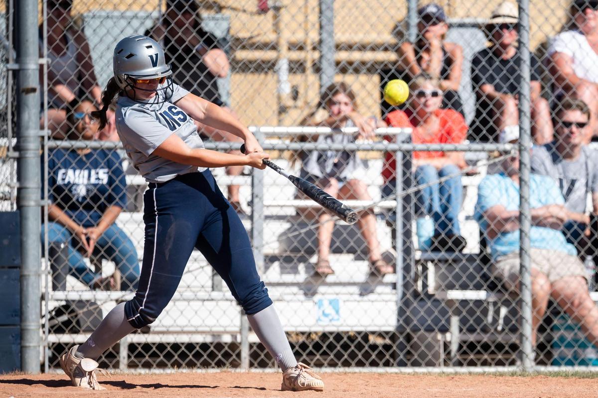 Vista Del Lago’s Annabella Hess connects for a double and two RBIs in the bottom of the third inning against Benicia on Tuesday, May 31, 2022, at Vista Del Lago High School in Folsom during the first round of the high school softball Division II CIF NorCal Softball Championships.