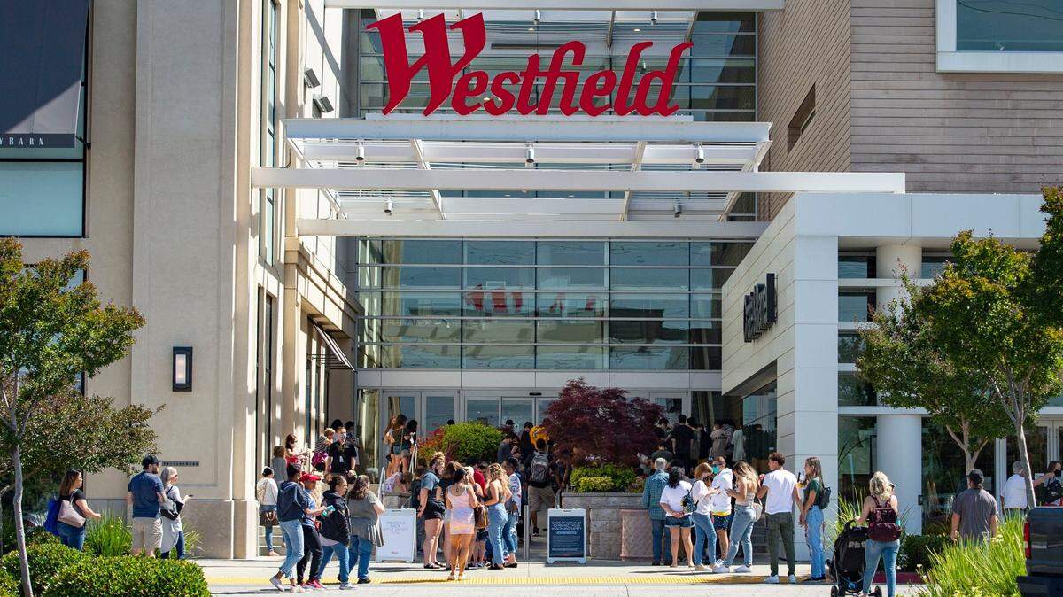 Shoppers line up outside of the Westfield Galleria Mall in Roseville in 2020.