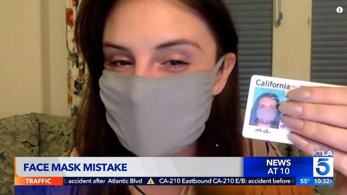 Lesley Pilgrim, 25, received a new California driver’s license with a photo of her wearing a face mask. A state agency blames an “oversight.”
