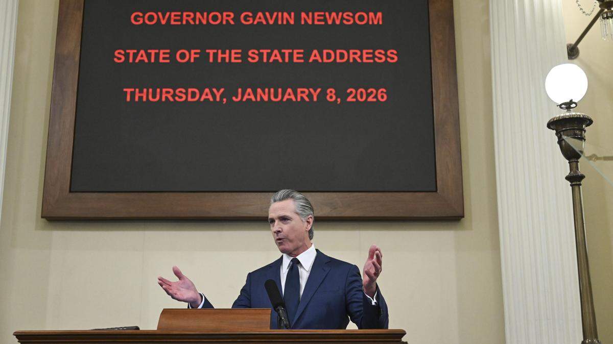 Gov. Gavin Newsom gives his final State of the State address as governor at the California Capitol in Sacramento on Thursday, Jan. 8, 2026.