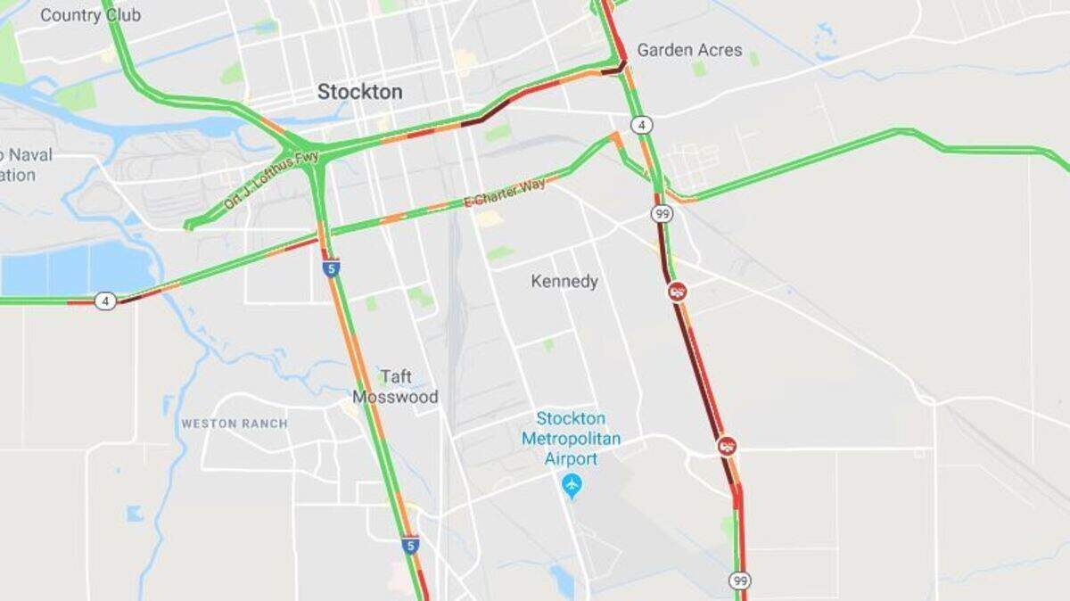 Traffic is backed up on Highway 99 southbound as all lanes are closed on the south side of Stockton.