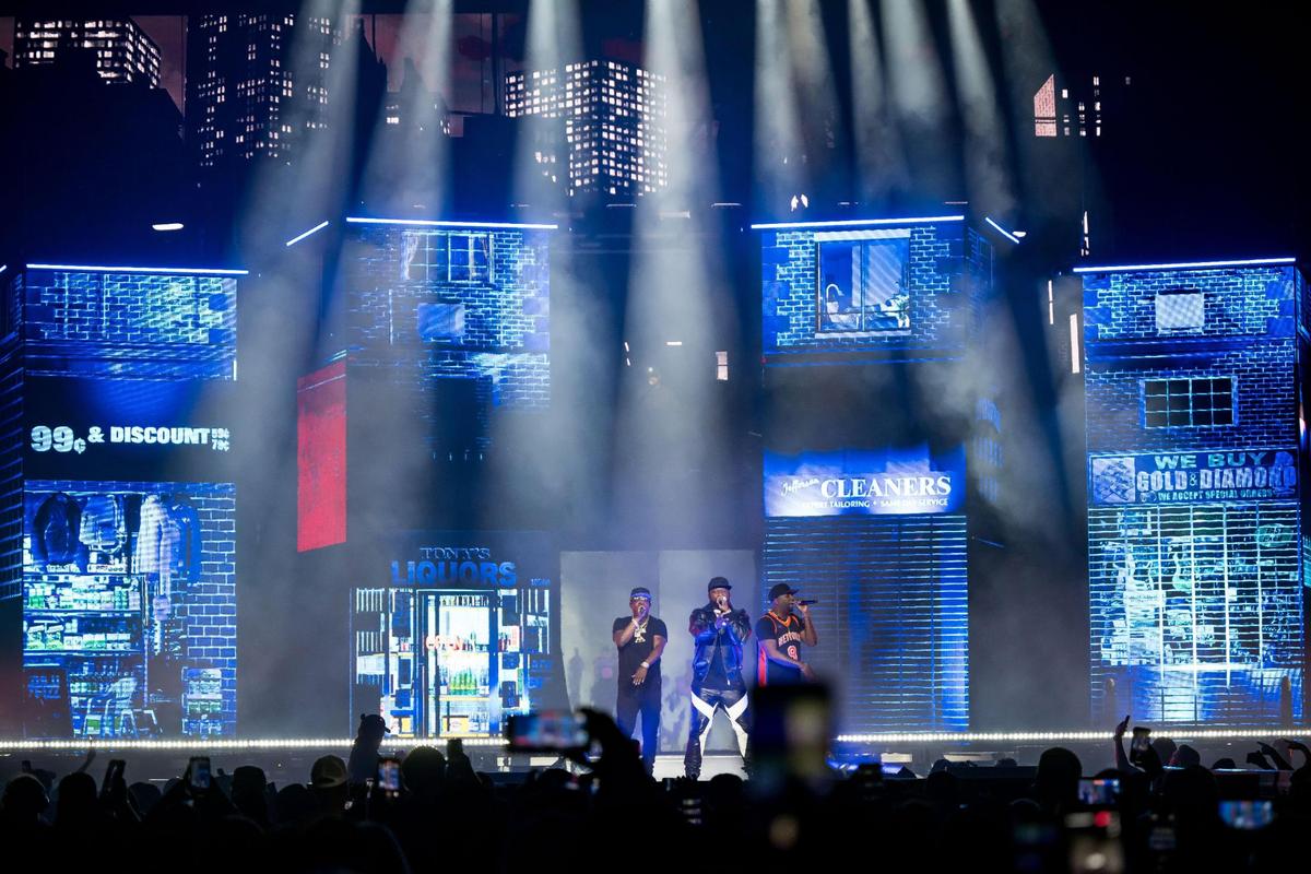 Curtis “50 Cent” Jackson, center, performs “What Up Gangsta” with members of G-Unit on his The Final Lap Tour, featuring Busta Rhymes and Jeremih, at Golden 1 Center on Monday, Sept. 4, 2023, in Sacramento.