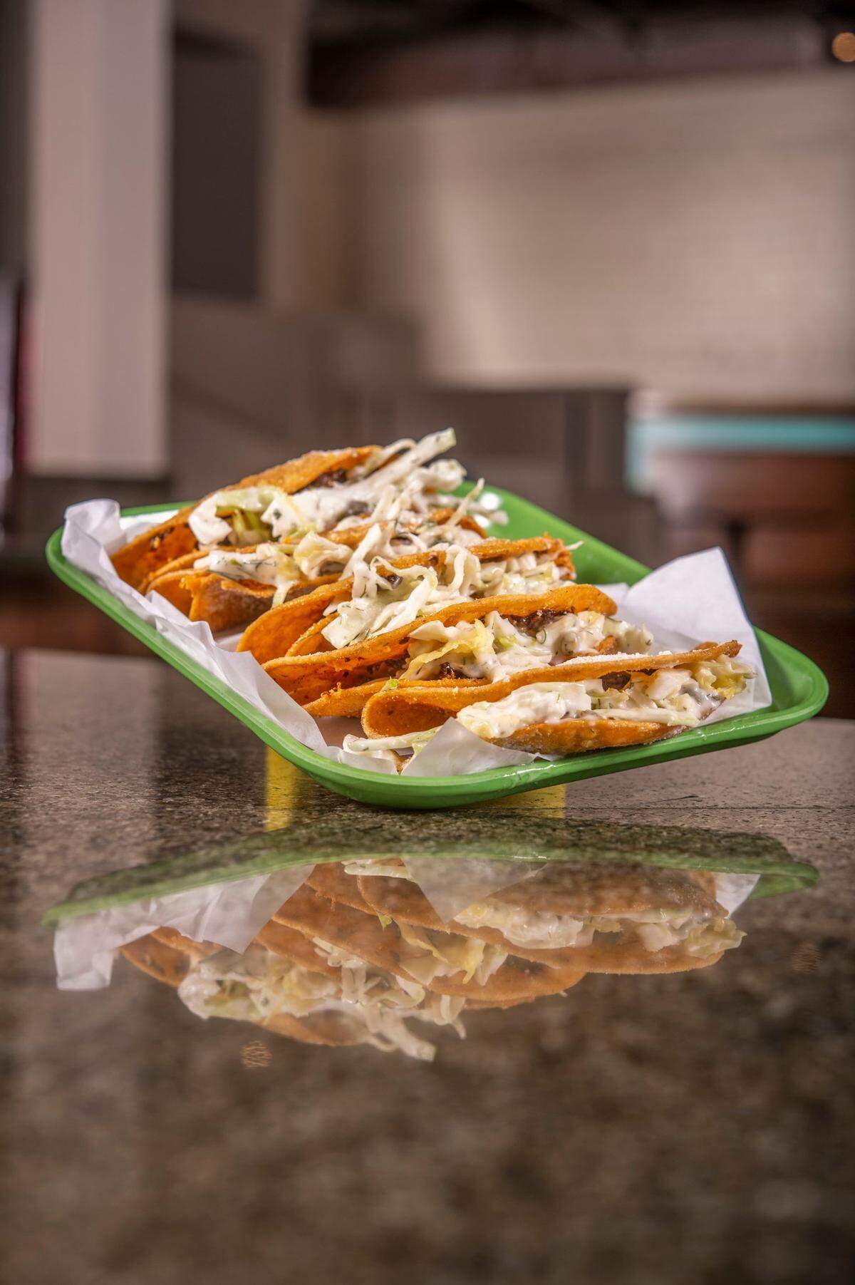 Bambi tacos at Bambi Vegan Tacos in Sacramento on Monday, Feb. 28, 2022. The tacos include Bambi Crimini Beef, Crema Slaw, Crispy Parmesan Dusted Shell.