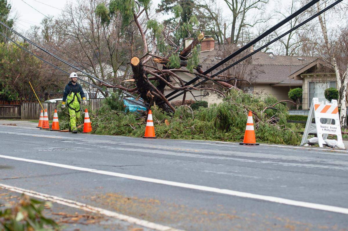 A SMUD first responder assesses damage to power lines on Sutterville Road in Sacramento on Monday.