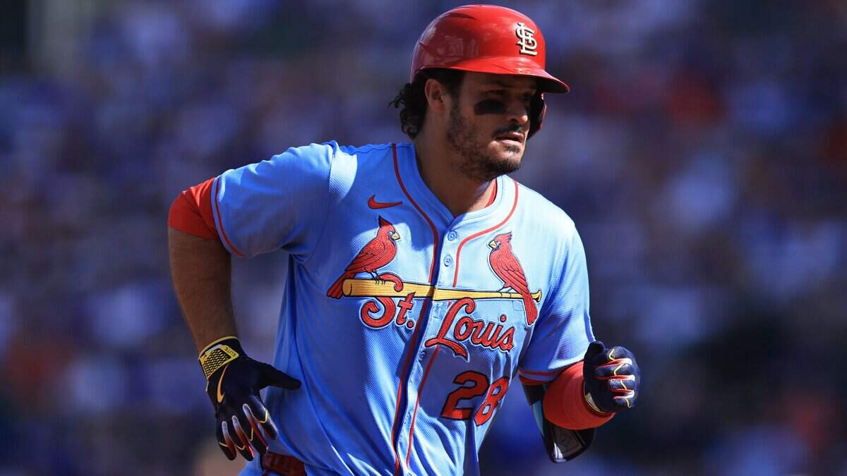 Nolan Arenado of the St. Louis Cardinals hits a home run during the fourth inning against the Chicago Cubs at Wrigley Field on Sept. 27 in Chicago. The Athletics reportedly had a deal in place earlier this month to trade for Arenado, but he used his no-trade clause to decline the deal.