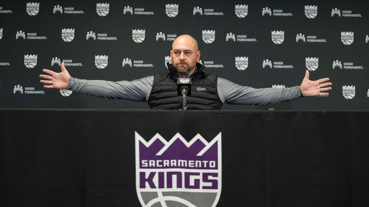 The Sacramento Kings general manager Monte McNair answers questions about the wing span of Kings 1st round pick, Devin Carter, on Wednesday at Golden 1 Center.