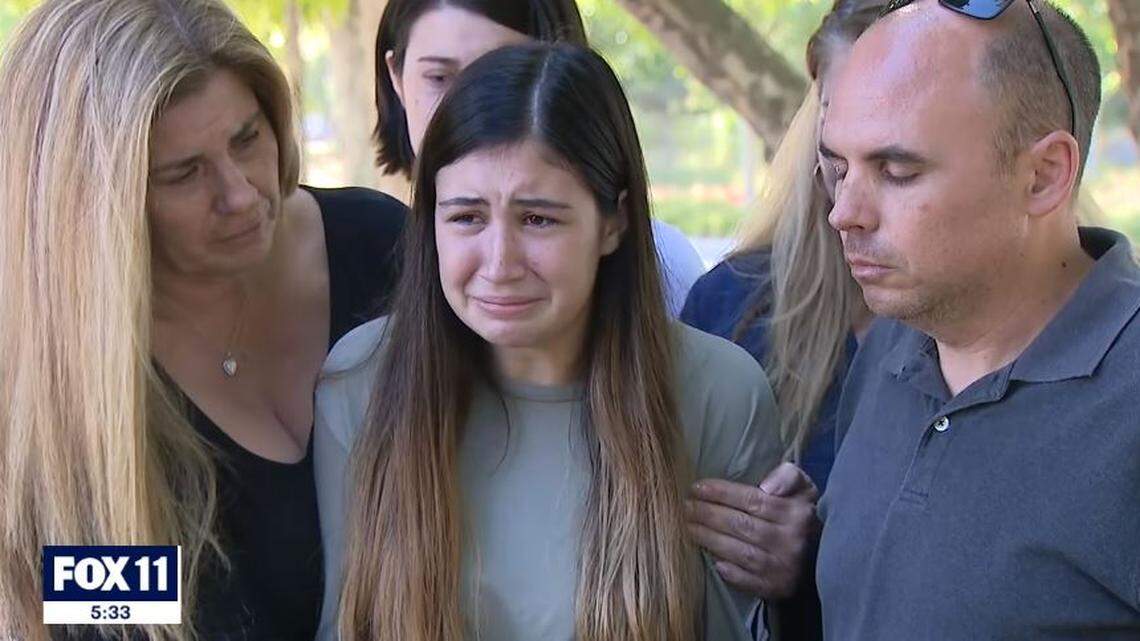 Alexis Cloonan, 15, talks about the shooting death of her 6-year-old brother, Aiden Leos, in a road rage incident Friday morning on Highway 55 in Orange, California.