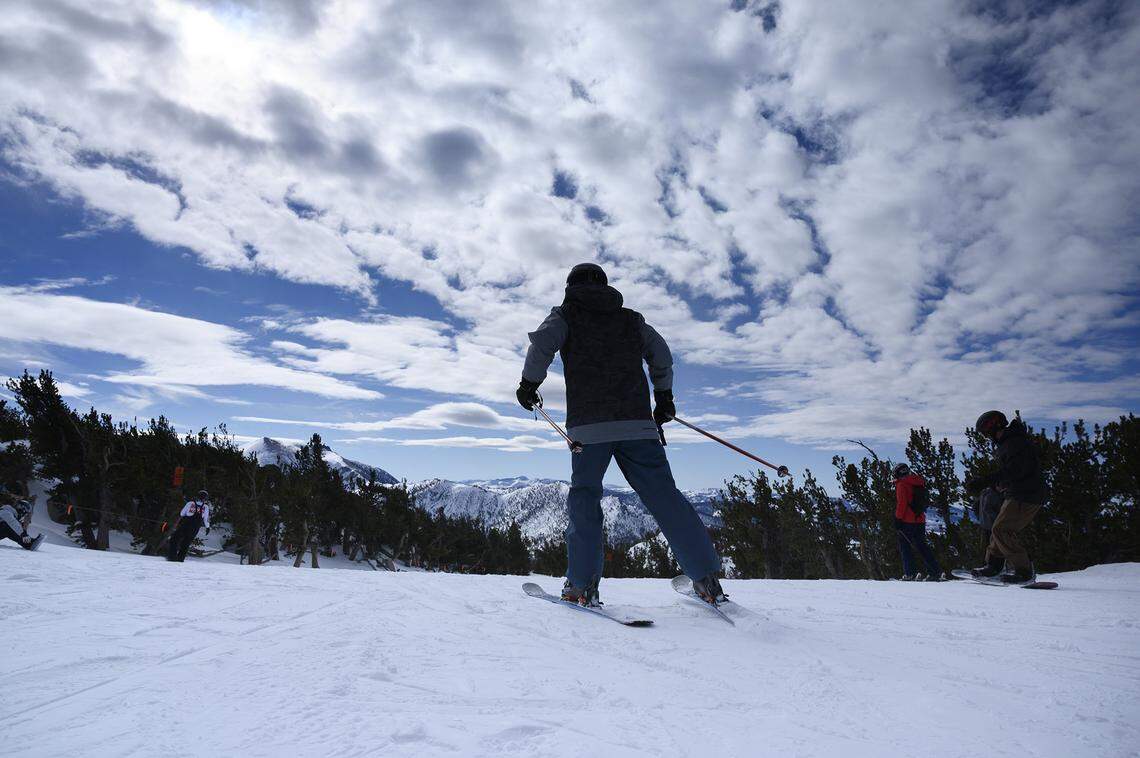 A skier heads down a run from the 10,040-foot summit at Heavenly ski resort above South Lake Tahoe in January.