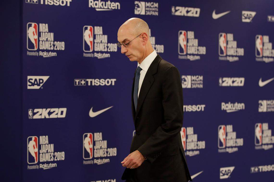 NBA Commissioner Adam Silver walks away from the podium after speaking at a news conference before an NBA preseason basketball game between the Houston Rockets and the Toronto Raptors Tuesday, Oct. 8, 2019, in Saitama, near Tokyo. (AP Photo/Jae C. Hong)