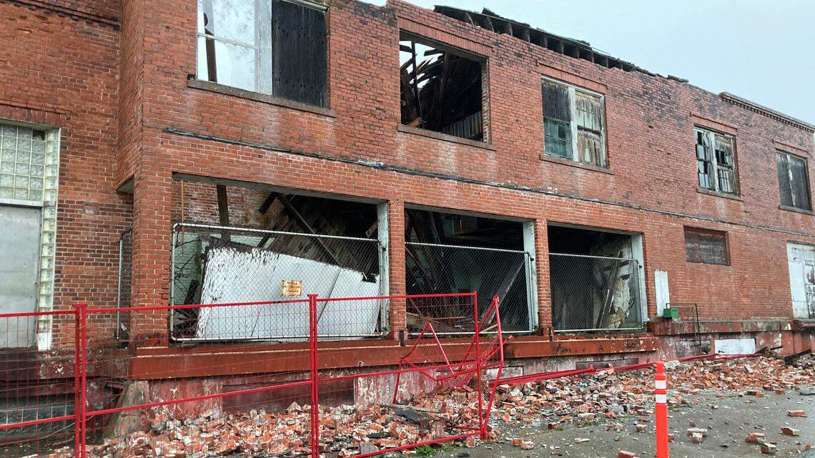 Earthquake damage is seen at the Humboldt Creamery building in Loleta, Calif., Tuesday, Dec. 20, 2022. A strong earthquake shook a rural stretch of Northern California early Tuesday, jolting residents awake, cutting off power to 70,000 people, and damaging some buildings and a roadway, officials said. Two injuries were reported.