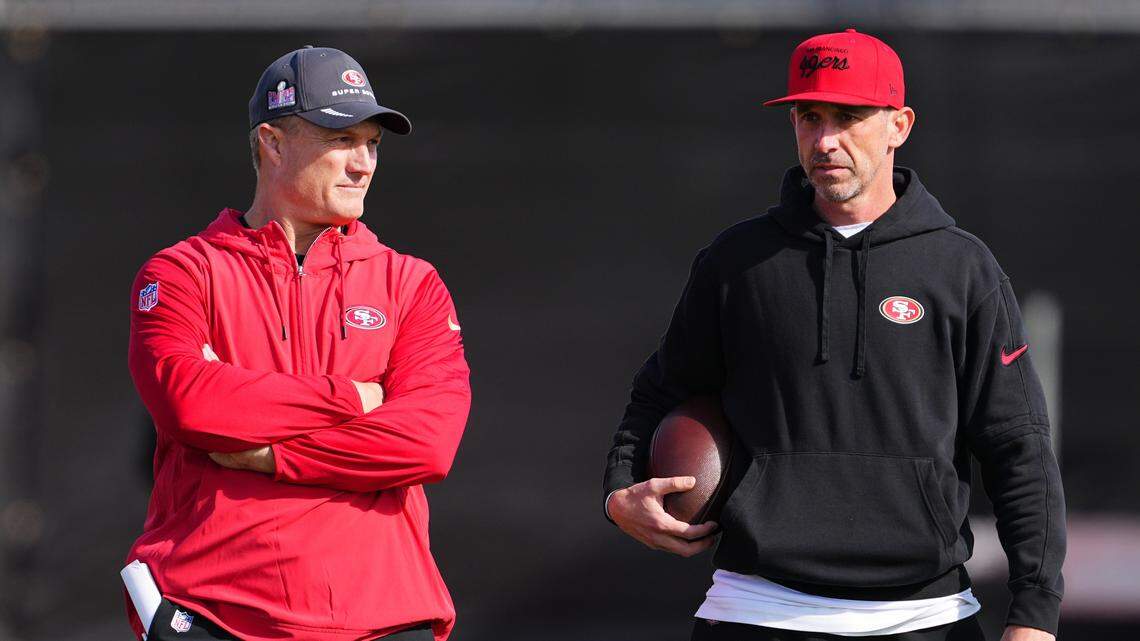 LAS VEGAS, NEVADA - FEBRUARY 08: (L-R) General manager John Lynch and head coach Kyle Shanahan look on during San Francisco 49ers practice ahead of Super Bowl LVIII at Fertitta Football Complex on February 07, 2024 in Las Vegas, Nevada. (Photo by Chris Unger/Getty Images)