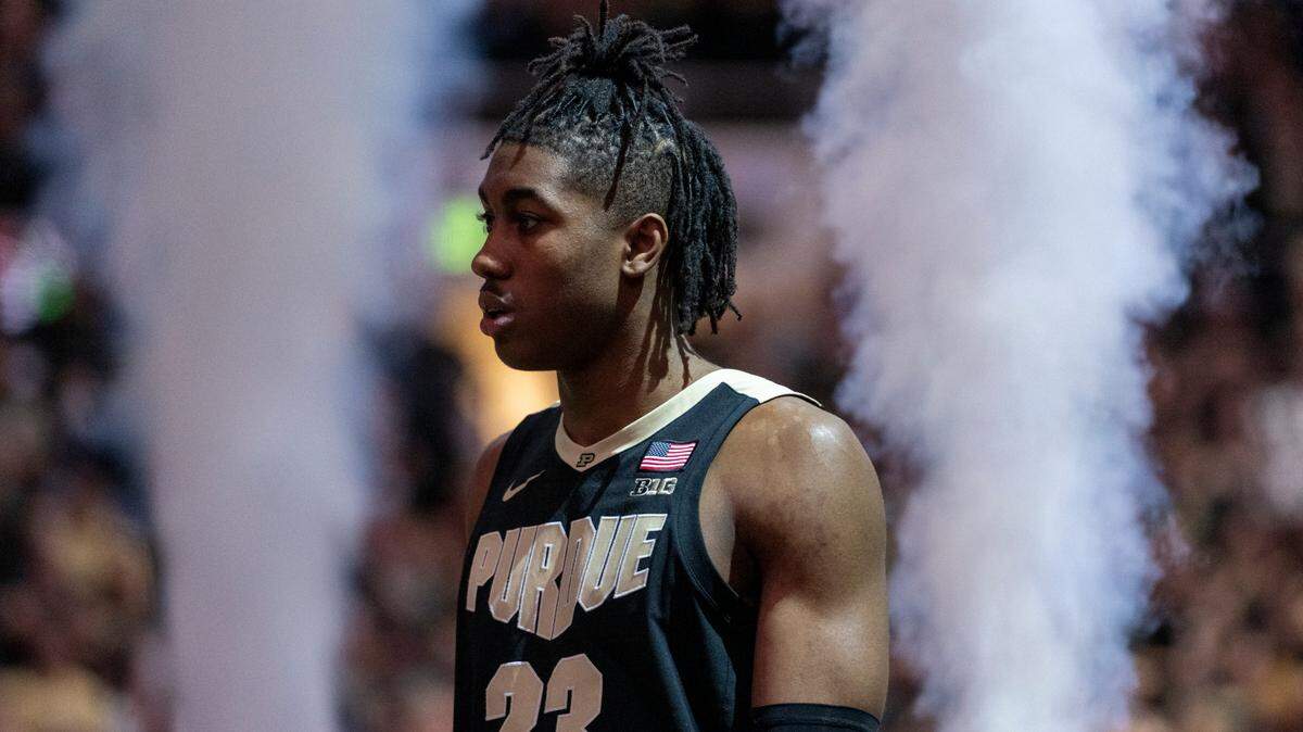Purdue guard Jaden Ivey (23) during team introductions before an NCAA college basketball game against Illinois, Tuesday, Feb. 8, 2022, in West Lafayette, Ind. (AP Photo/Doug McSchooler)