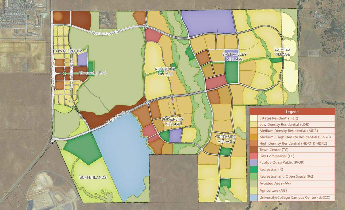 A map shows the development plan for Braden, a new planned community in Sacramento County. The town center, at left on Grant Line Road, will be the initial phase.