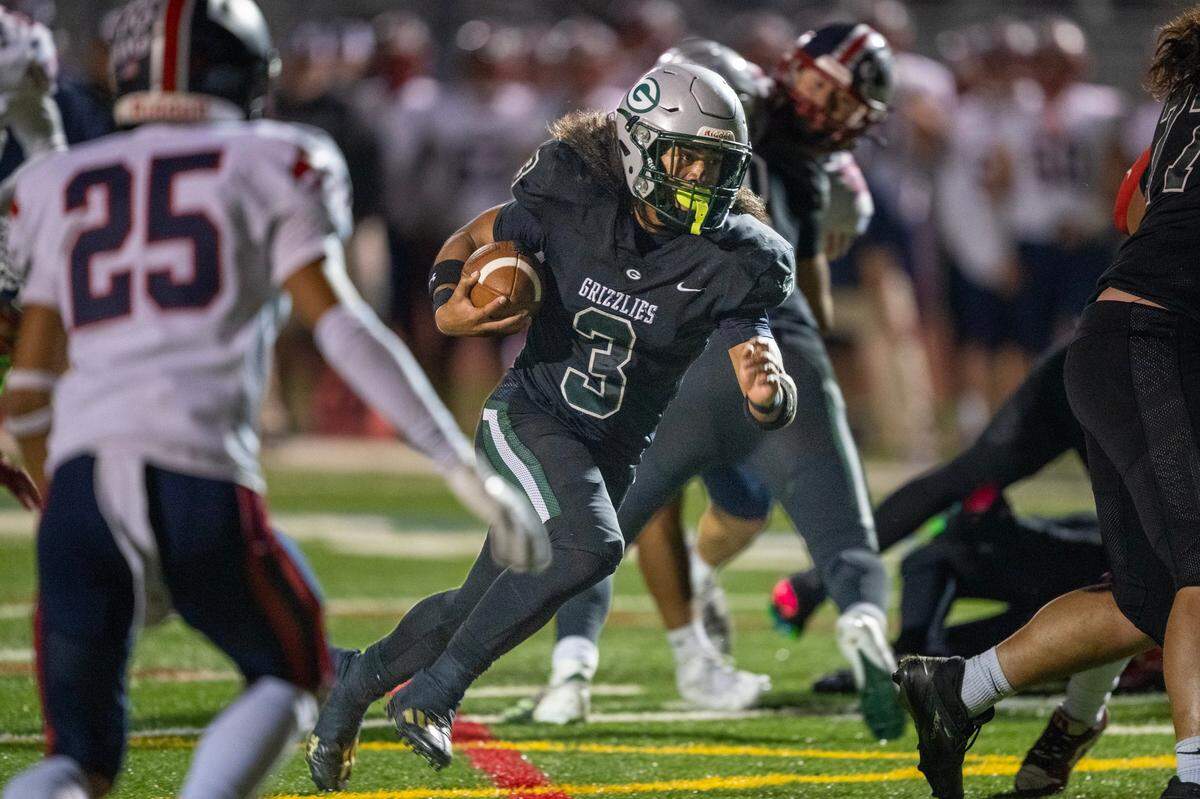 Granite Bay Grizzlies running back Gabe Smyth (3) scores a touchdown in the second half during a first-round Sac-Joaquin Section Division I playoff game on Friday, Nov. 8, 2024, in Granite Bay.