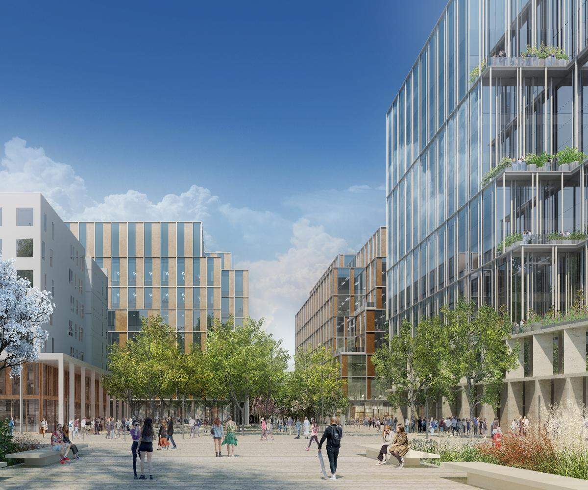 A plaza is shown in an artist rendering of the planned Aggie Square project on the UC Davis Medical Center campus in Sacramento.