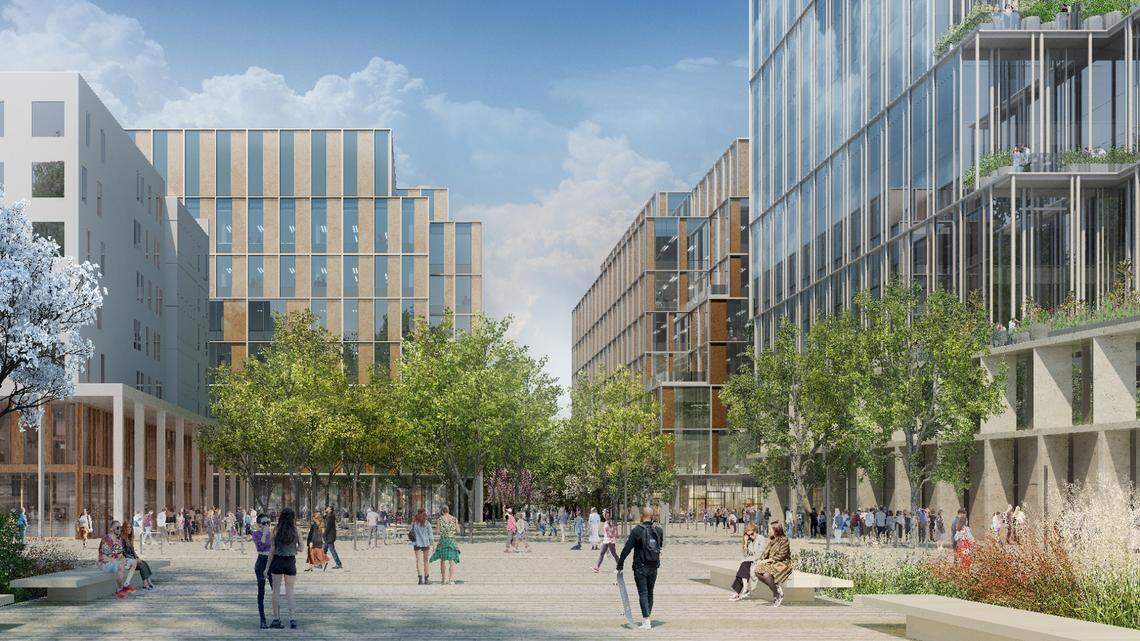 A plaza is shown in an artist rendering of the planned Aggie Square project on the UC Davis Medical Center campus in Sacramento.