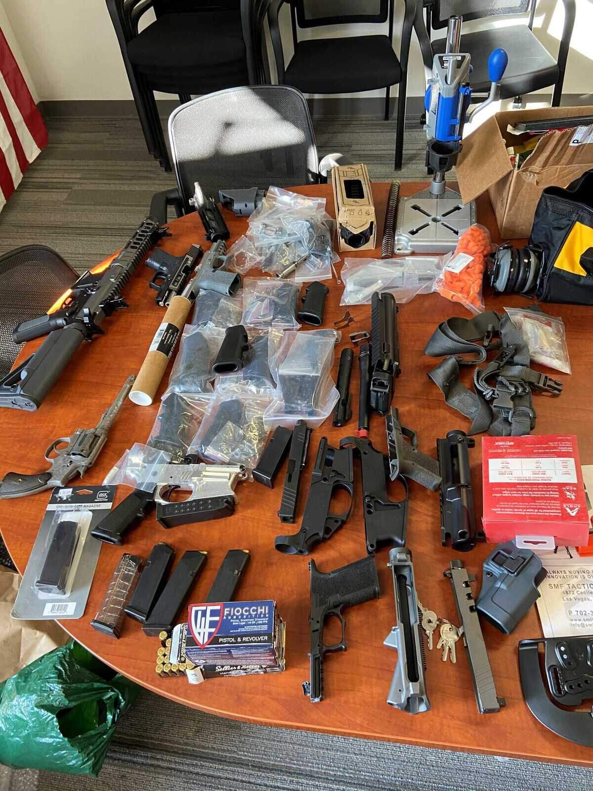 Roseville, California police officers found guns without serial numbers, high-capacity ammunition magazines, gun manufacturing tools and parts, fentanyl, methamphetamine, heroin and more than $7,000 in cash during a search of a hotel room and a storage unit. Police on Monday Dec. 7, 2020, arrested Ji Hye Chang and Jordan Miller in connection with the seizure.