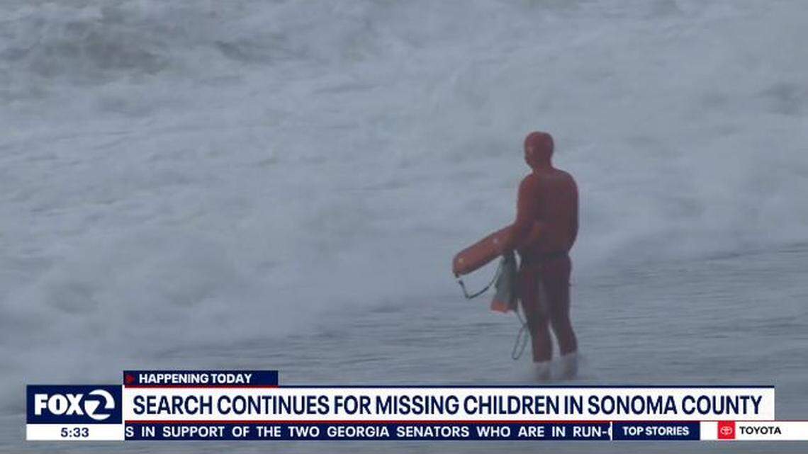 A 29-year-old father drowned at Blind Beach near Jenner, California, trying to save his two young children swept away by a wave. The kids are missing.
