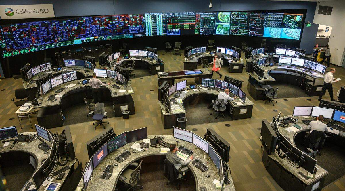 A view of the control room from an overlook room shows the power grid at the California Independent System Operator in December 2018.