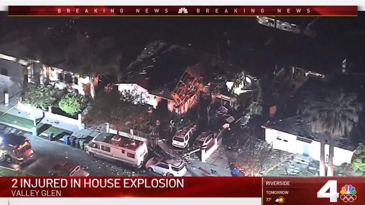 Three people were hurt when a home near North Hollywood, California, exploded, causing “pandemonium.” The cause remains under investigation.