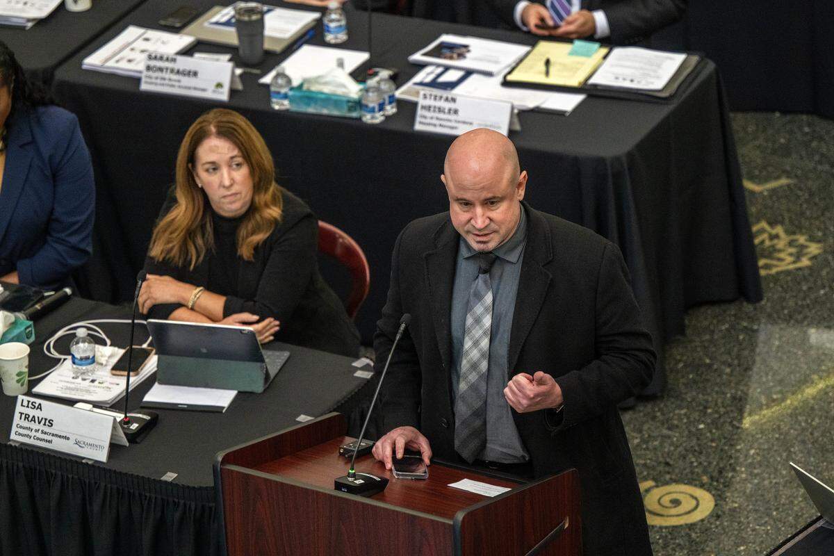 Ryan Quist, Sacramento County's behavioral health services director, answers questions during a county-city meeting on homeless services and behavioral health at the Tsakopoulos Library Galleria in Sacramento on Tuesday. Quist said more housing is needed.