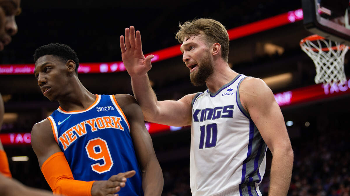 Sacramento Kings forward Domantas Sabonis (10) reacts after ejected from the game after fouling New York Knicks guard Immanuel Quickley (5) at Golden 1 Center in Sacramento, Monday, March 7, 2022.