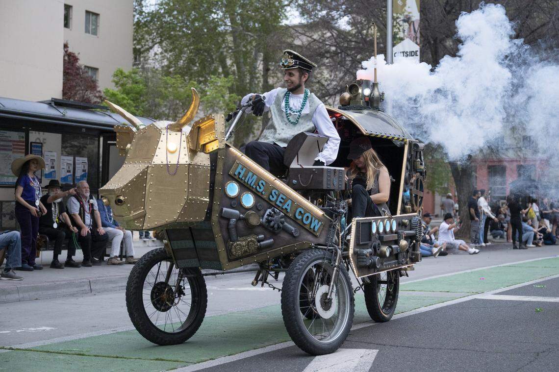 A float dubbed the “HMS Sea Cow” rolls down Capitol Mall during the City of Trees Parade in Sacramento on Saturday, Feb. 28, 2026.