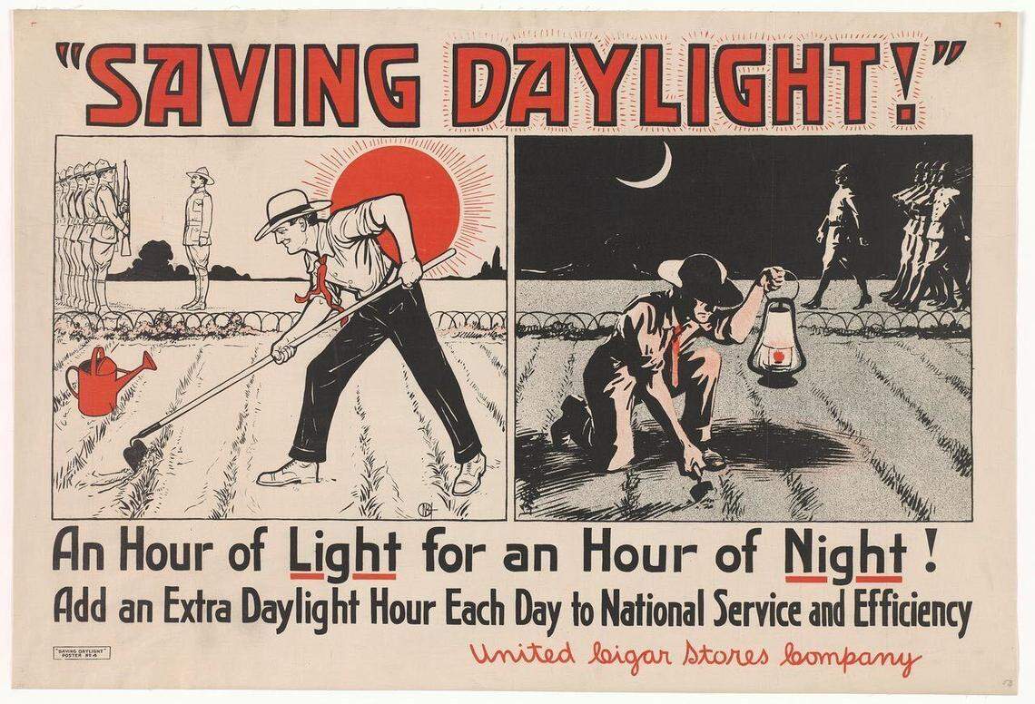 Poster issued by the United Cigar Stores Company in the United States to promote daylight saving time in 1918 during World War I.