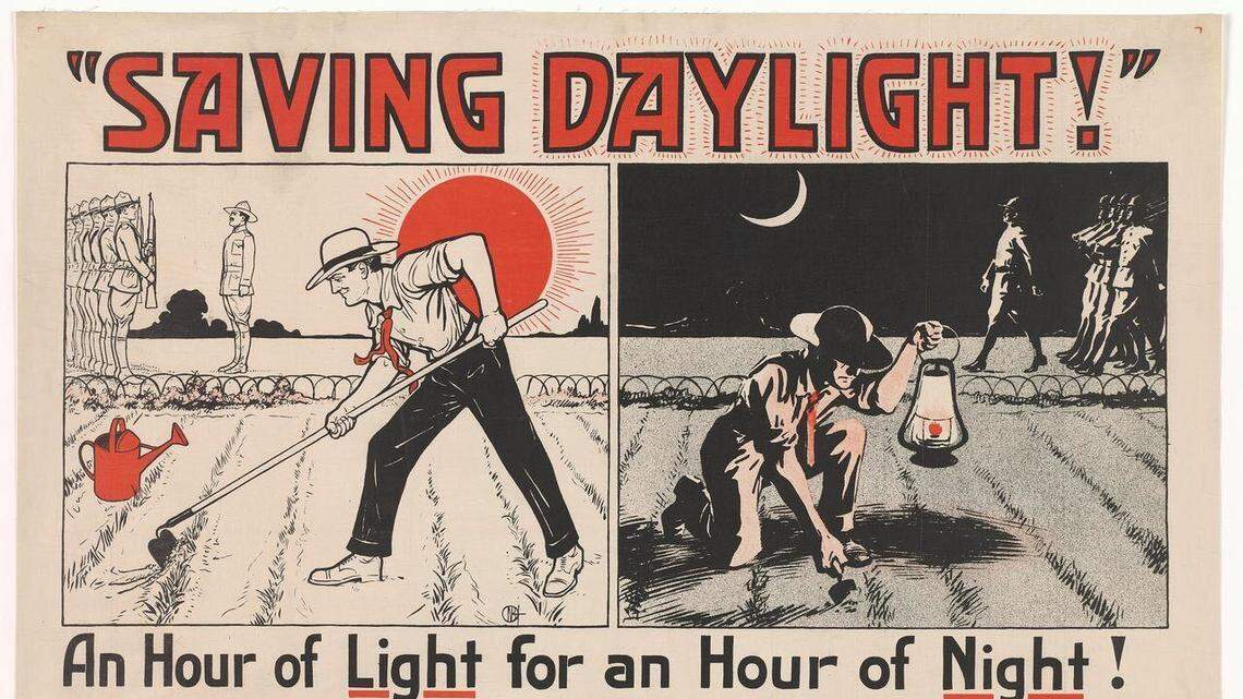 Poster issued by the United Cigar Stores Company in the United States to promote daylight saving time in 1918 during World War I.