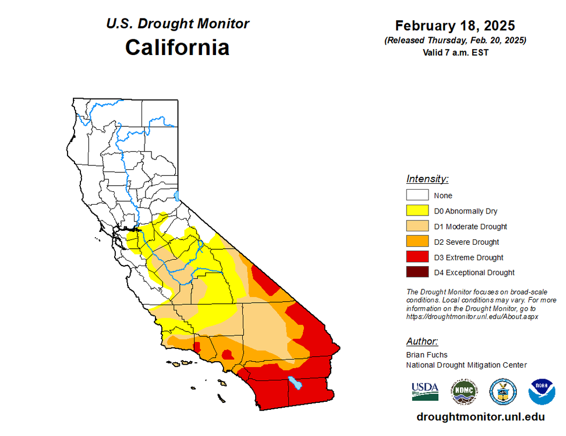 About 58% of California was under drought conditions as of Thursday, Feb. 20, 2024, as of Thursday, Feb. 20, 2024.